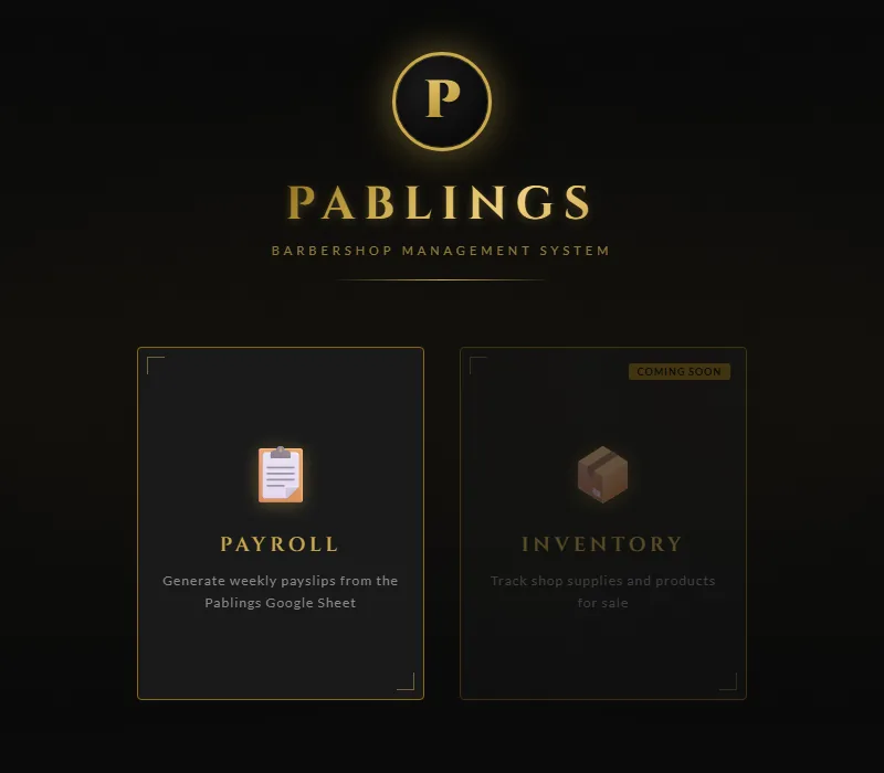 Pablings Barbershop Management System home screen